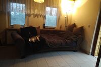 Forest auf Brunos Hundedecke auf der Couch im Wohnzimmer